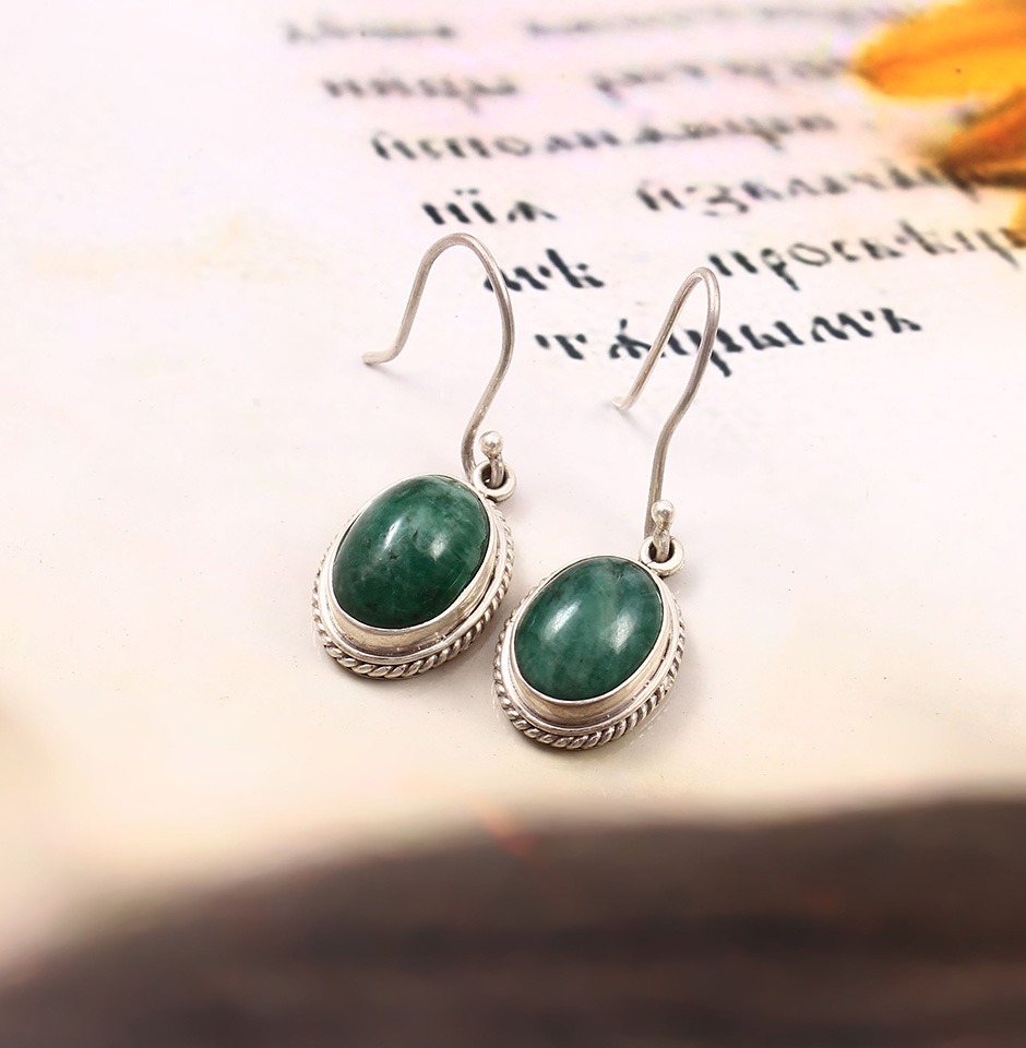 Emerald Cabochon Dangle Earrings